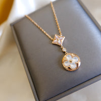 [Luckin Jewelry]STAR AND SUN WHITE MOP 2 MOTIF PINK GOLD NECKLACE