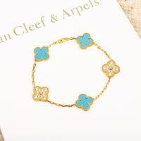 [Luckin Jewelry]CLOVER 5 MOTIF TURQUOISE DIAMOND GOLD BRACELET
